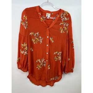 Fig and Flower Orange Floral Embroidered‎ Long Sleeve Button Blouse Womens Sz M